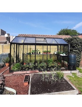 Prestige kas van 8,61 m² in zwart gelakt aluminium en blank zwart R205 gehard glas