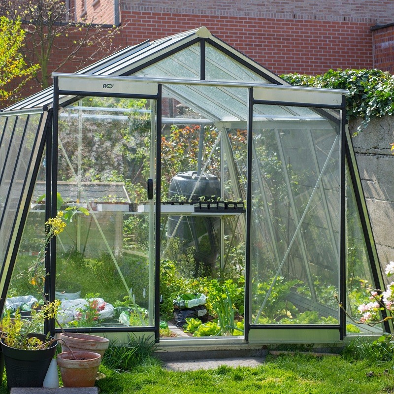 Prestige kas 13.62m in natuurlijk aluminium en S106H gehard glas