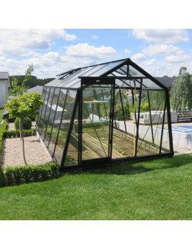 Prestige kas 13.62m , in zwart gelakt aluminium en gehard glas