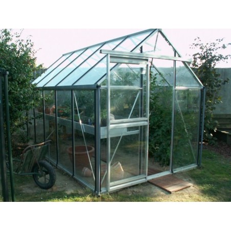 Janssens Eos Junior 9,10m² kas in natuurlijk aluminium en gehard glas met voet