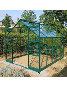 Jade kas van 7,50 m² in groen gelakt aluminium en gehard glas met voet