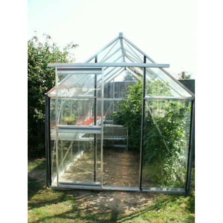 Janssens Eos Junior 9,10m² kas in natuurlijk aluminium en gehard glas met voet