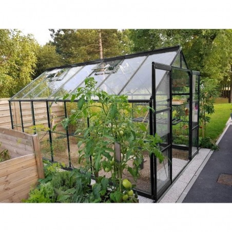 Jade kas van 10,40 m² in zwart gelakt aluminium en gehard glas met voet