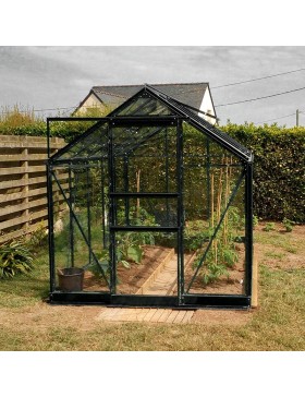 Serre Opale 5,80m² en aluminium laqué noir et verre trempé avec base ciel mon jardin