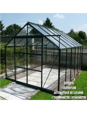 Jade kas van 8,90 m² in groen gelakt aluminium en gehard glas met voet