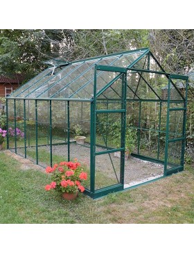 Jade kas van 8,90 m² in groen gelakt aluminium en gehard glas met voet