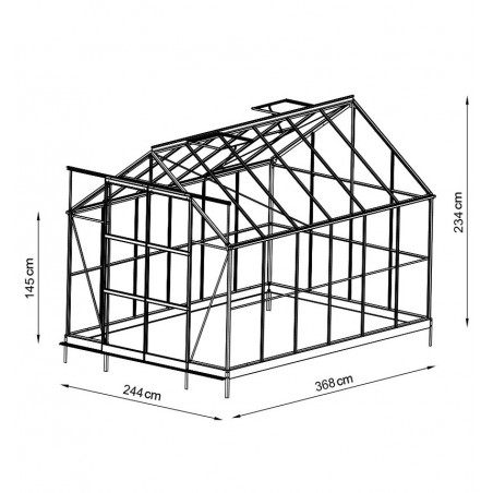 abmessungen Jade Serre 8,90m2 in schwarz lackiertem Aluminium und gehärtetem Glas mit Basis