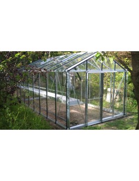 Serre Helios Master 18,80m² Janssens alu naturel et verre trempé avec base