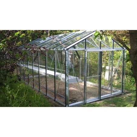 Serre Helios Master 18,80m² Janssens alu naturel et verre trempé avec base