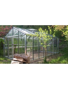 Serre Helios Master 18,80m² Janssens alu naturel et verre trempé avec base