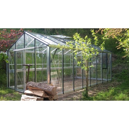 Serre Helios Master 18,80m² Janssens alu naturel et verre trempé avec base