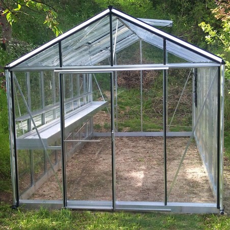 Serre Helios Master 18,80m² Janssens alu naturel et verre trempé avec base