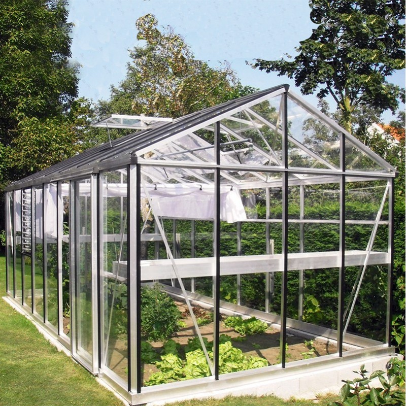 Serre Helios Master 18,80m² Janssens alu naturel et verre trempé avec base