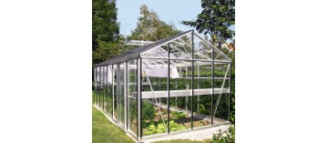 Serre Helios Master 18,80m² Janssens alu naturel et verre trempé avec base