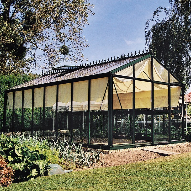 Janssens Helios Master 18,8m² kas in gelakt aluminium en gehard glas met voet en schaduwdoek