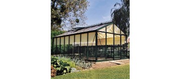 Serre Helios Master 18,8m² Janssens alu laqué et verre trempé avec base et voile d'ombrage