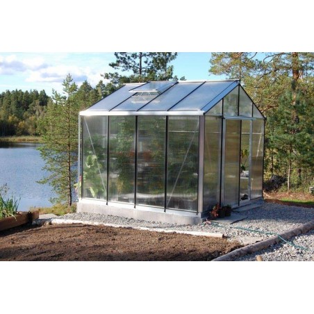 Janssens Helios Master 18,80m² kas in natuurlijk aluminium en polycarbonaat met onderbouw