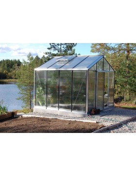 Janssens Helios Master 7,30m² kas in natuurlijk aluminium en polycarbonaat met onderbouw