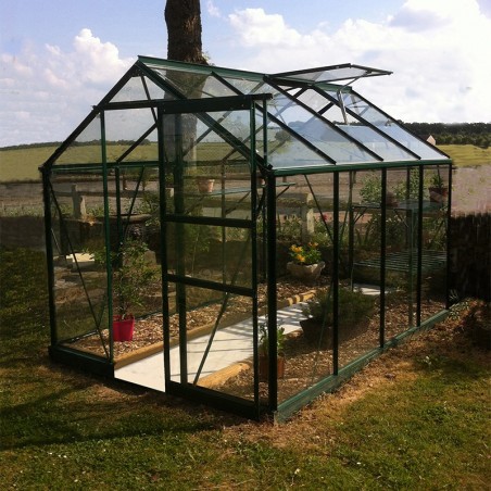 Serre Opale 4,70m² en aluminium laqué vert et verre trempé ciel mon jardin