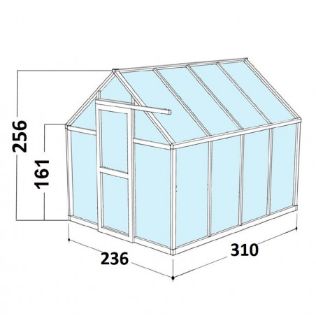 Afmetingen Janssens Eos Junior kas: 7,30m² natuurlijk aluminium en gehard glas met voet