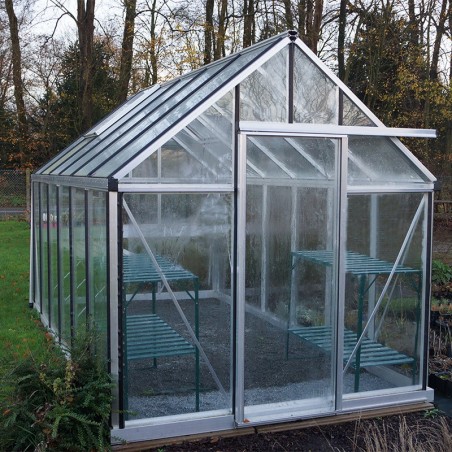 Janssens Eos Junior 10,80m² kas in natuurlijk aluminium en gehard glas met voet