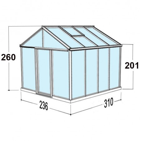 Afmetingen Helios Master 7,30m² kas Janssens natuurlijk aluminium en gehard glas met sokkel