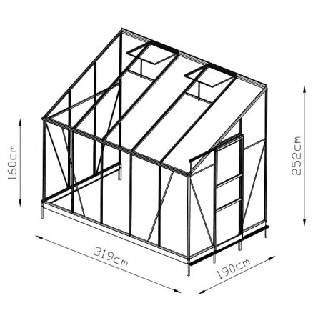 dimensions Serre adossée Rubis 6m² en aluminium laqué noir et verre trempé avec base