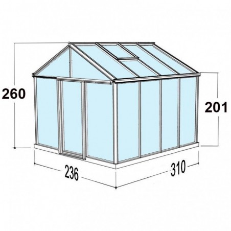 Helios Master 7,30m² kas afmetingen Janssens natuurlijk aluminium en polycarbonaat met voet