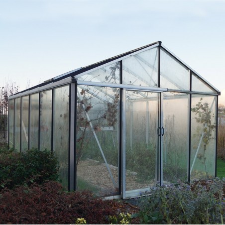 Janssens Helios Seniorenkas 14,20m² natuurlijk aluminium en gehard glas met sokkel