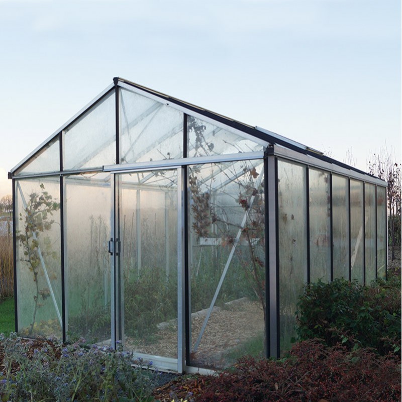 Janssens Helios Master 14,20m² kas in natuurlijk aluminium en gehard glas met sokkel