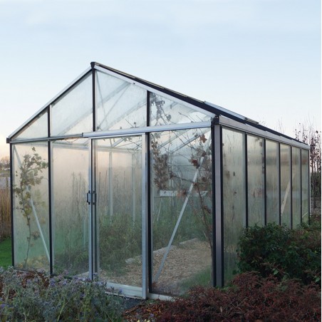 Janssens Helios Master 14,20m² kas in natuurlijk aluminium en gehard glas met sokkel