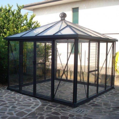 Janssens Paviljoen Kas 9,60m² gelakt aluminium en gehard glas met sokkel