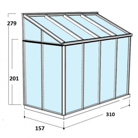 Afmetingen van de Arcadia Hobby Janssens aanbouwkas: 4,90 m², natuurlijk aluminium en gehard glas met voet