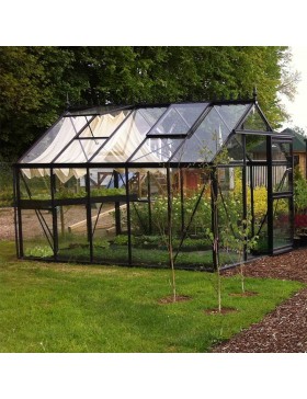 Janssens Eos Junior 9,10m² kas, zwart gelakt aluminium met gehard glas en voet