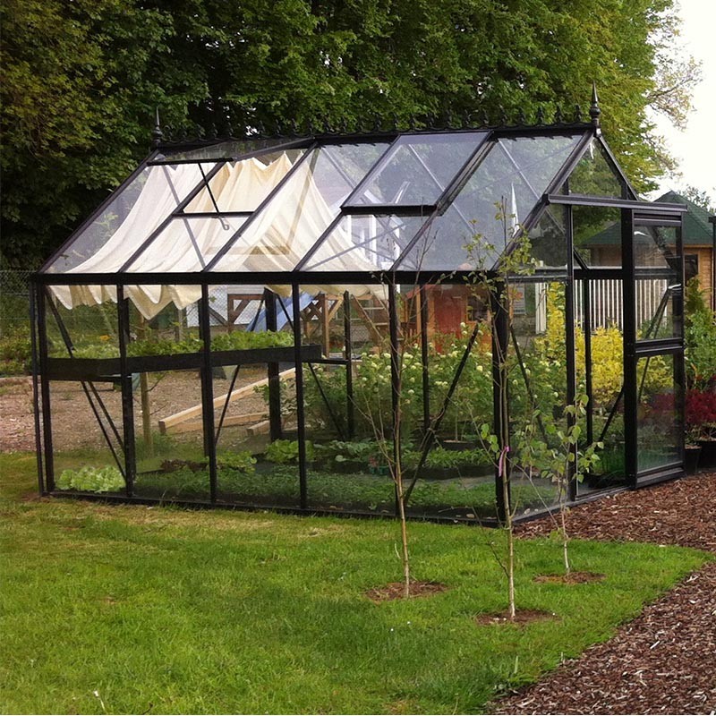 Janssens Eos Junior 9,10m² kas, zwart gelakt aluminium met gehard glas en voet