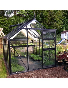 Janssens Eos Junior 10,8m² kas, zwart gelakt aluminium met gehard glazen bodem