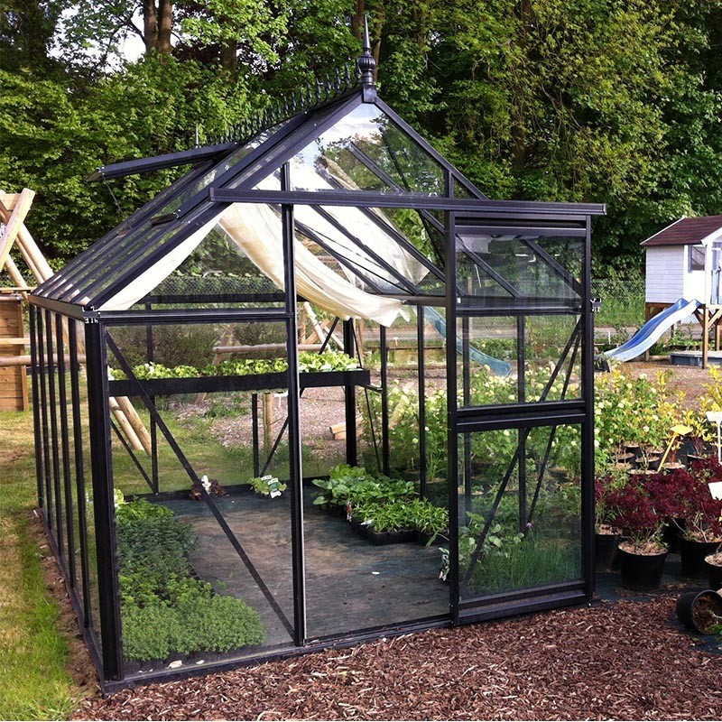 Janssens Eos Junior 10,8m² kas, zwart gelakt aluminium met gehard glazen bodem