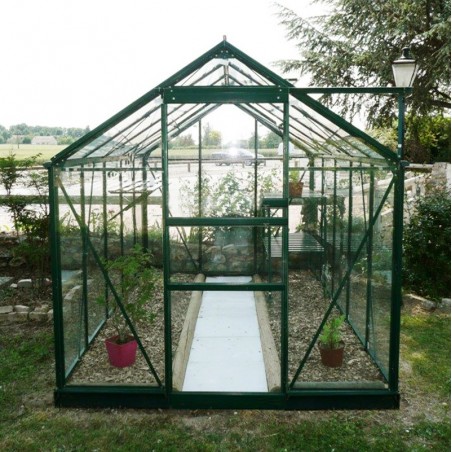 Serre Opale 5,80m² en aluminium laqué vert et verre trempé ciel mon jardin