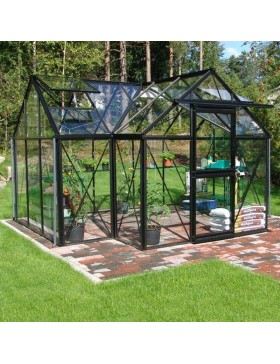 Janssens Eos Junior T 11,40m² kas in zwart gelakt aluminium en gehard glas met voet