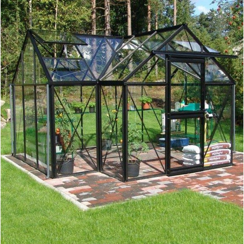 Janssens Eos Junior T 11,40m² kas in zwart gelakt aluminium en gehard glas met voet