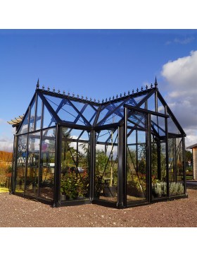 Janssens Eos Junior T 11,40m² kas in zwart gelakt aluminium en gehard glas met voet