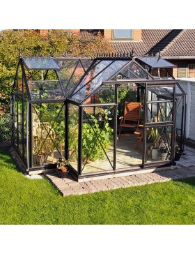 Janssens Eos Junior T 11,40m² kas in zwart gelakt aluminium en gehard glas met voet