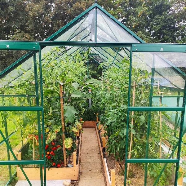 serre jade 11,80 m² verte aluminium et verre trempé ciel mon jardin