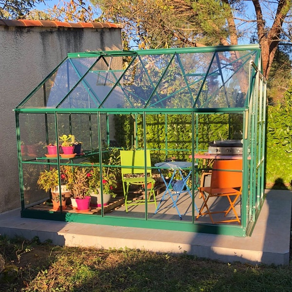 serre jade 7,50 m² verte aluminium et verre trempé ciel mon jardin