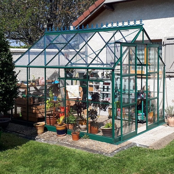 serre jade 7,50 m² verte aluminium et verre trempé ciel mon jardin