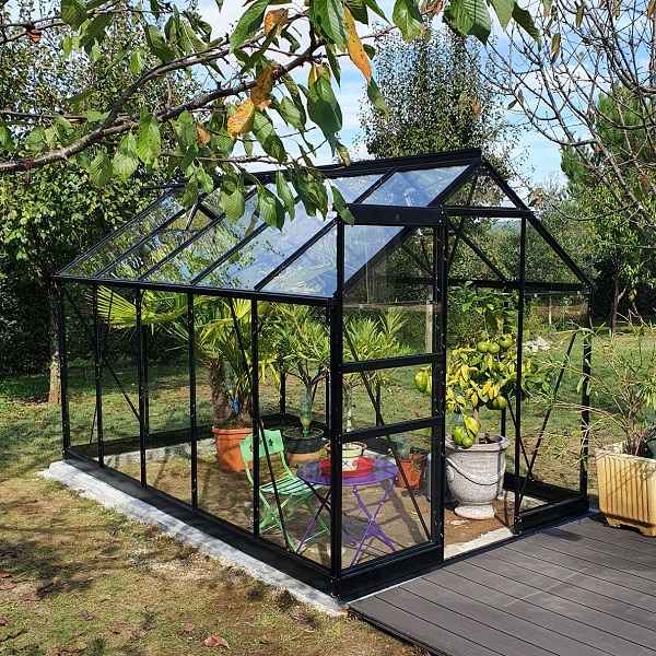 serre opale 5,80 m² noire en aluminium et verre trempé ciel mon jardin