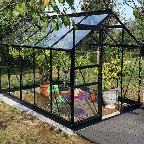 serre opale 5,80 m² noire en aluminium et verre trempé ciel mon jardin