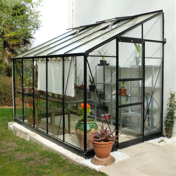 serre adossée Rubis 6,00 m² noire aluminium et verre trempé ciel mon jardin