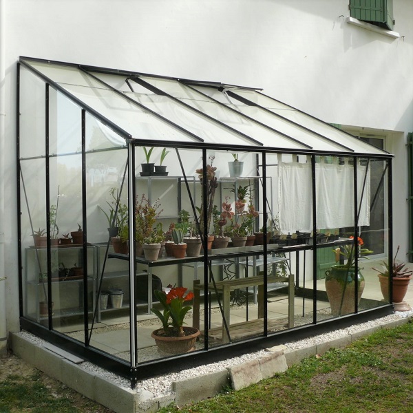 serre adossée Rubis 6,00 m² noire aluminium et verre trempé ciel mon jardin