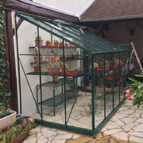 serre adossée Rubis 6,00 m² verte aluminium et verre trempé ciel mon jardin
